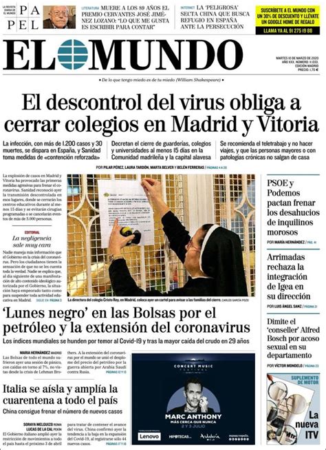 Portada del diario El Mundo del día 10/03/2020 – News Europa