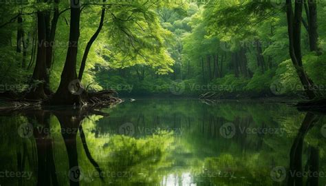 Tranquil scene green tree reflects in peaceful pond, nature beauty generated by AI 27926308 ...