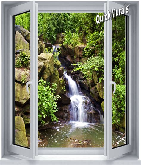 Black Forest Waterfall Window 1-Piece Peel & Stick Canvas Wall Mural