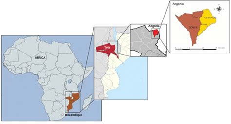 Map of Mozambique indicating Angónia district in the northern region of ...