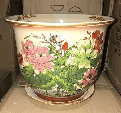 New 7.5" Oriental Colorful Lotus Flowers & Lily Pad Theme Planter Plant Pot & Saucer, Decorative ...