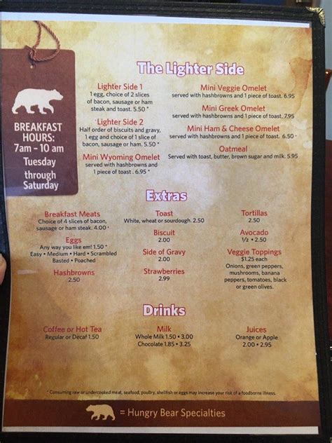 Menu at Hungry Bear Restaurant, Cody