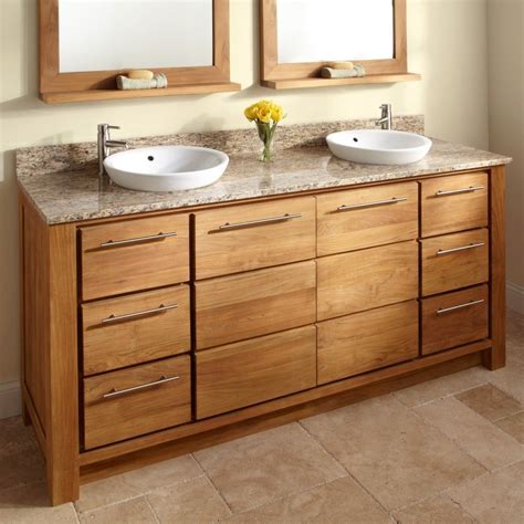 Double Vanity Tops For Bathrooms With Oak Tree Wood Cabinet And Round Overmount Vessel Sinks ...