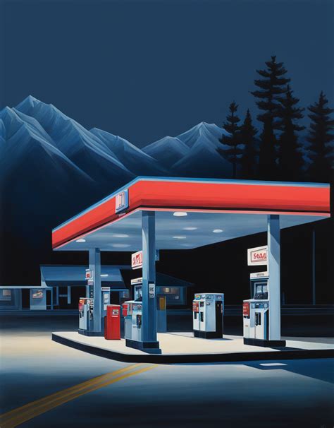 KREA AI - painting of a gas station with mountains in the ba...