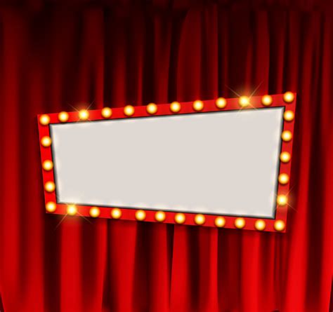 Realistic retro cinema announcement board with bulb frame on curtains ...