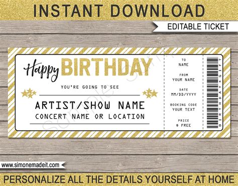 Concert Ticket Birthday Gift Printable Template Surprise Concert, Show, Band Gift Certificate ...