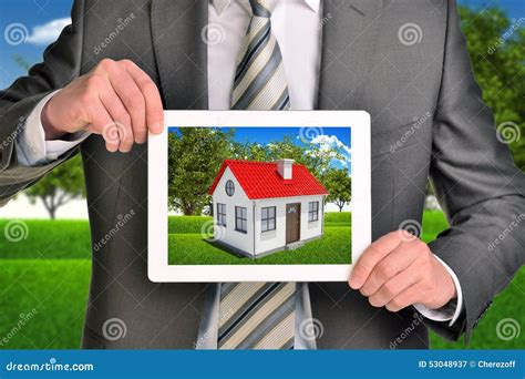 Estate Agent Showing Photo with House on Tablet Stock Image - Image of agent, trees: 53048937