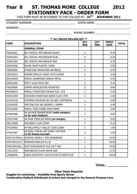 Stationery List 2012 - St Thomas More College