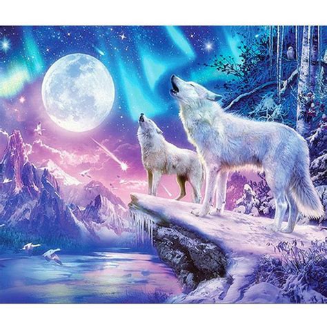 DIY 5D White Wolf and Moon Diamond Painting Full Drill with Number Kits ...