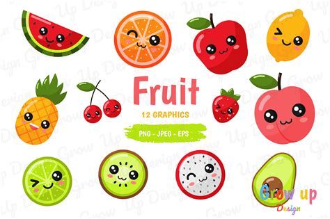 Kawaii Cartoon Fruit Clipart Set Graphic by Grow up design · Creative Fabrica