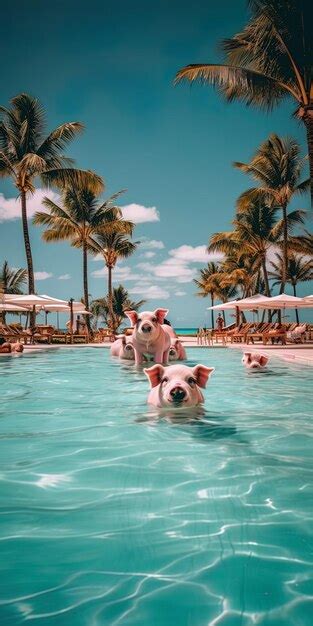 Premium AI Image | pigs swimming in a pool with palm trees in the background.