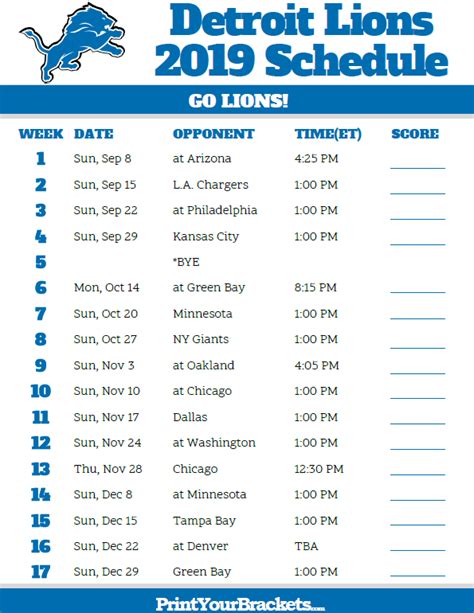 Printable Detroit Lions Schedule - 2019 Season | Detroit lions football ...