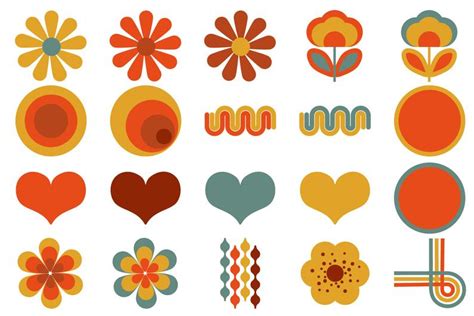 70s Nostalgia Digital Design Elements Retro Seventies Clip Art Bundle Flower Power Muted Palette ...