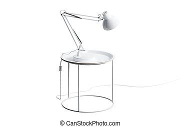 Modern white round coffee table with lamp on thin legs and round base. 3d render. Modern white ...