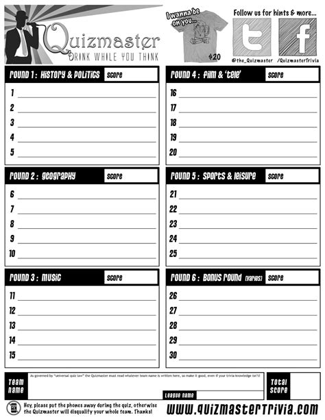 Printable Pub Quiz Answer Sheet Template - Printable Templates