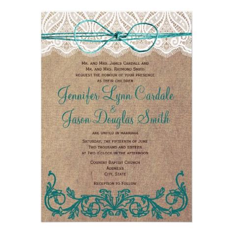 Rustic Country Lace Brown Teal Wedding Invitations