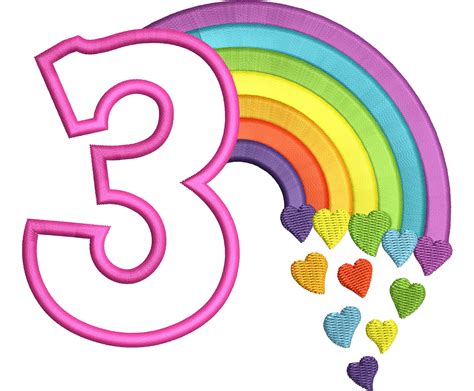 Cute Rainbow Birthday Number 3 three machine embroidery applique ...