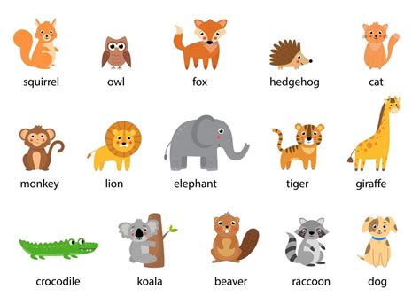 Set of cute cartoon animals with names. Vector illustrations. 2635413 ...