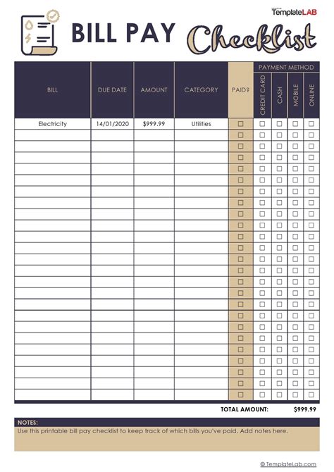 Printable Bill Pay Checklist Template - Printable Templates Free