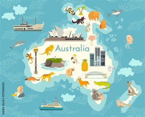 Australia continent, world vector map with landmarks cartoon illustration Stock Vector | Adobe Stock