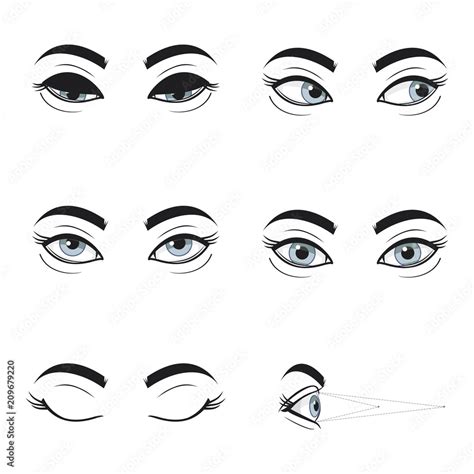 Set collection of blue female eyes and brows on white background. Different cartoon eye ...