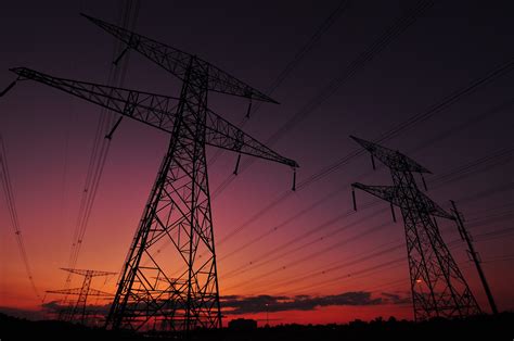 Wallpaper : sunset, dusk, power lines, electricity, transmission tower, energy, afterglow ...