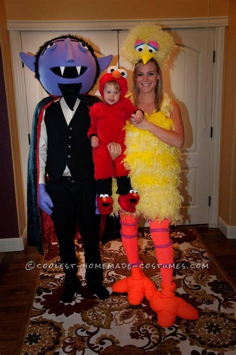 Cool DIY Count, Big Bird and Baby Elmo Family Halloween Costumes