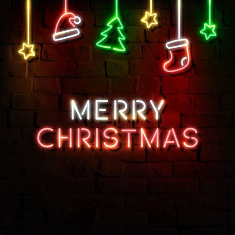 Stars, Santa hat, stocking, pine tree and Merry Christmas neon sign on a dark brick wall vector ...
