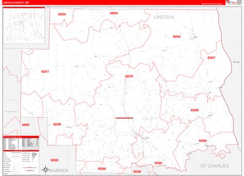 Lincoln County, MO Zip Code Wall Map Red Line Style by MarketMAPS ...