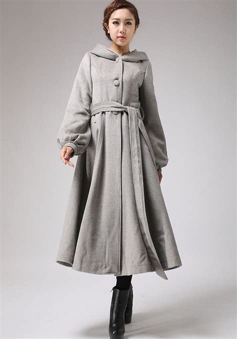 Maxi wool coat Long sleeve womens long swing coat with hood and self t ...