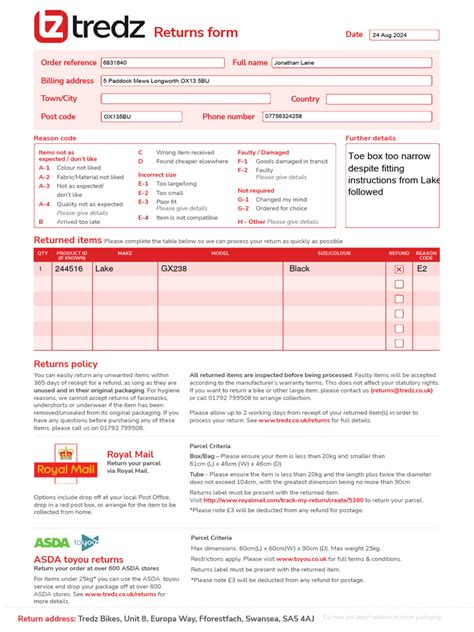 Tredz Returns Form A4 v28b RB Web | PDF | Mail | Consumer Goods