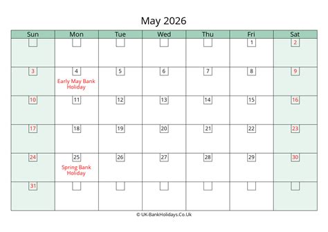 May 2026 Calendar Printable with Bank Holidays UK