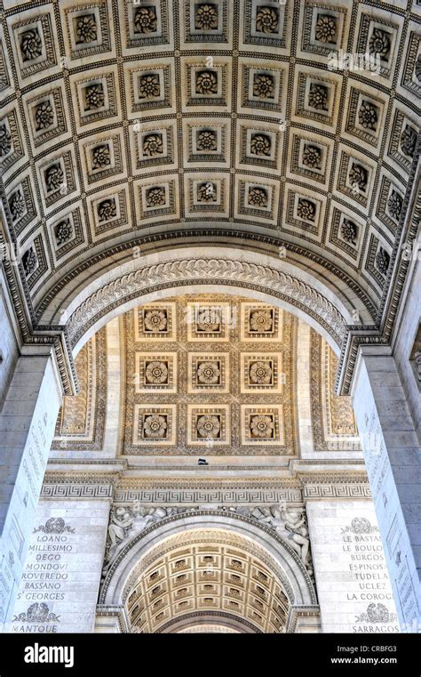 Reliefs, names, and inscriptions, Arc de Triomphe triumphal arch from ...