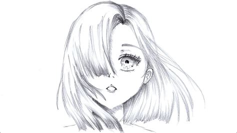 Desen in creion cu o fata anime cu par pe ochi | How to draw a cute anime girl hair over eye ...