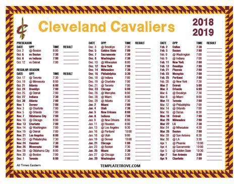 Printable 2018-2019 Cleveland Cavaliers Schedule