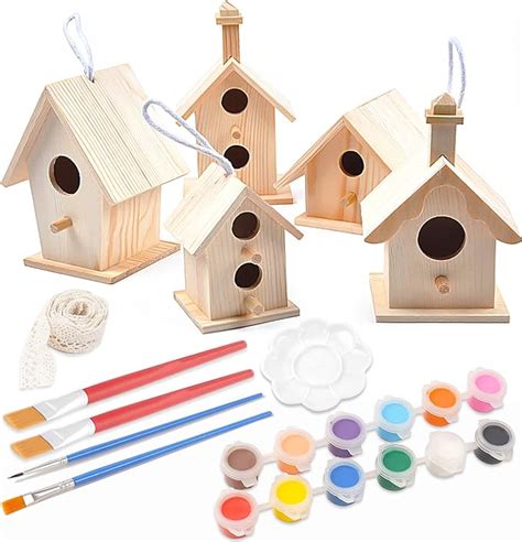 Amazon.com: Bird House Kit 5PCS, Natural Wooden Bird Houses to Paint, DIY Bird Houses for ...