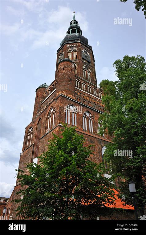 Steeple of Greifswald Cathedral, around 1300, was rebuilt after it collapsed in 1653, Domstrasse ...