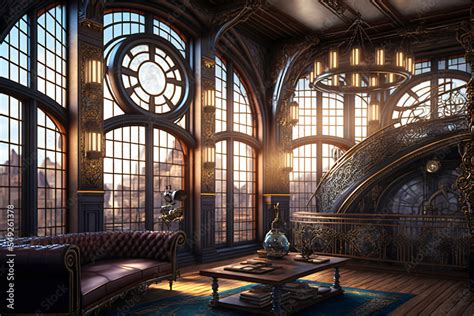 steampunk interior design, fantasy retro hall, in a victorian house with big windows, fictional ...