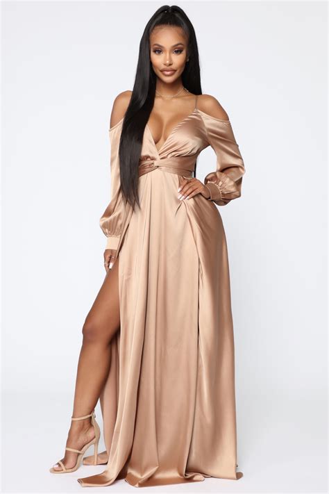 Mansion Dinner Party Satin Gown - Gold/Brown, Dresses | Fashion Nova