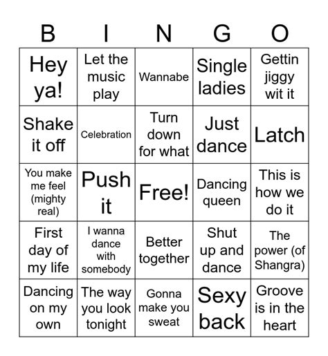 Dance Songs Bingo Card