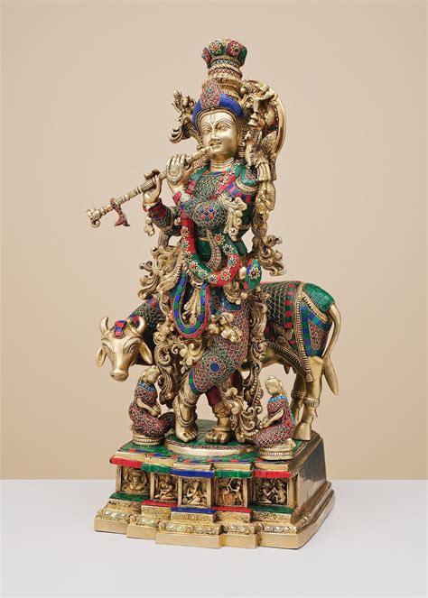 Large Brass Cow Krishna Statue, 28 Cow Krishna Inlay Work, Flute ...