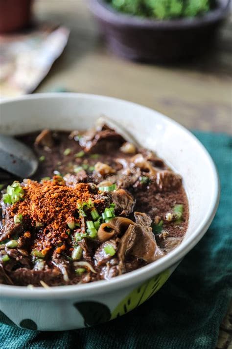 The Noodle with Pig Blood Soup Mix with Pork and Vegetable Stock Photo - Image of chili, bowl ...