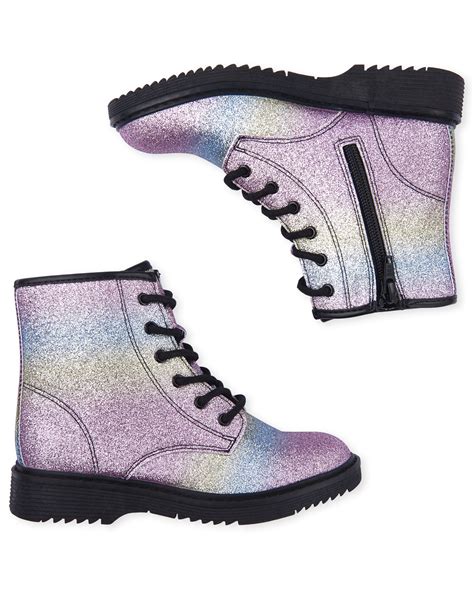 Girls Glitter Rainbow Faux Leather Lace Up Boots | Leather lace up boots, Boots, Lace up boots