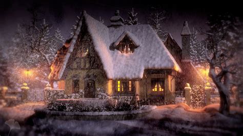 Download Winter Night Snow Snowfall House Man Made Cottage HD Wallpaper by Galyna Ginko