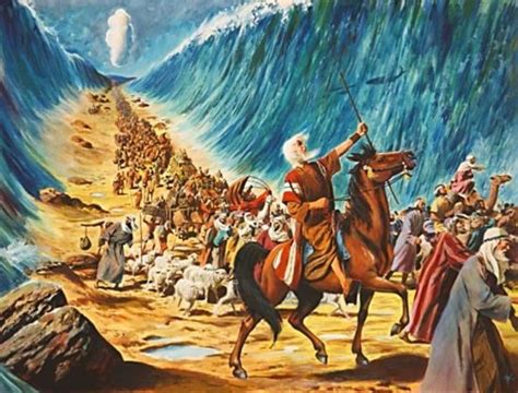 Moses parts the Red Sea allowing the Israelites to safely escape the pursuing Egyptians (Exodus ...