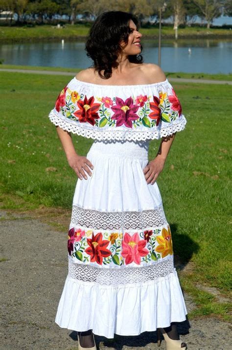 Multicolor Embroidered Off Shoulders Mexican Dress Beige | Mexican dresses, Mexican embroidered ...