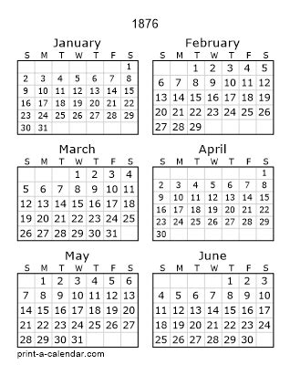 Download 1876 Printable Calendars