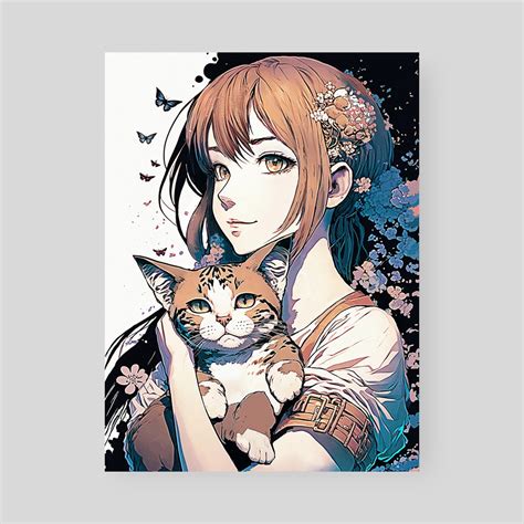 Cute Anime Girl With Her Chubby Cat, an art print by Anass Benktitou ...