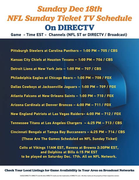 This Weeks NFL Sunday Ticket Schedule for Our Customers – Dec 18th