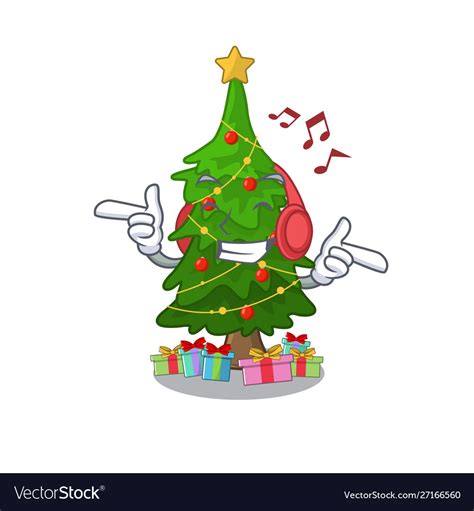 Listening music christmas tree next to cartoon Vector Image